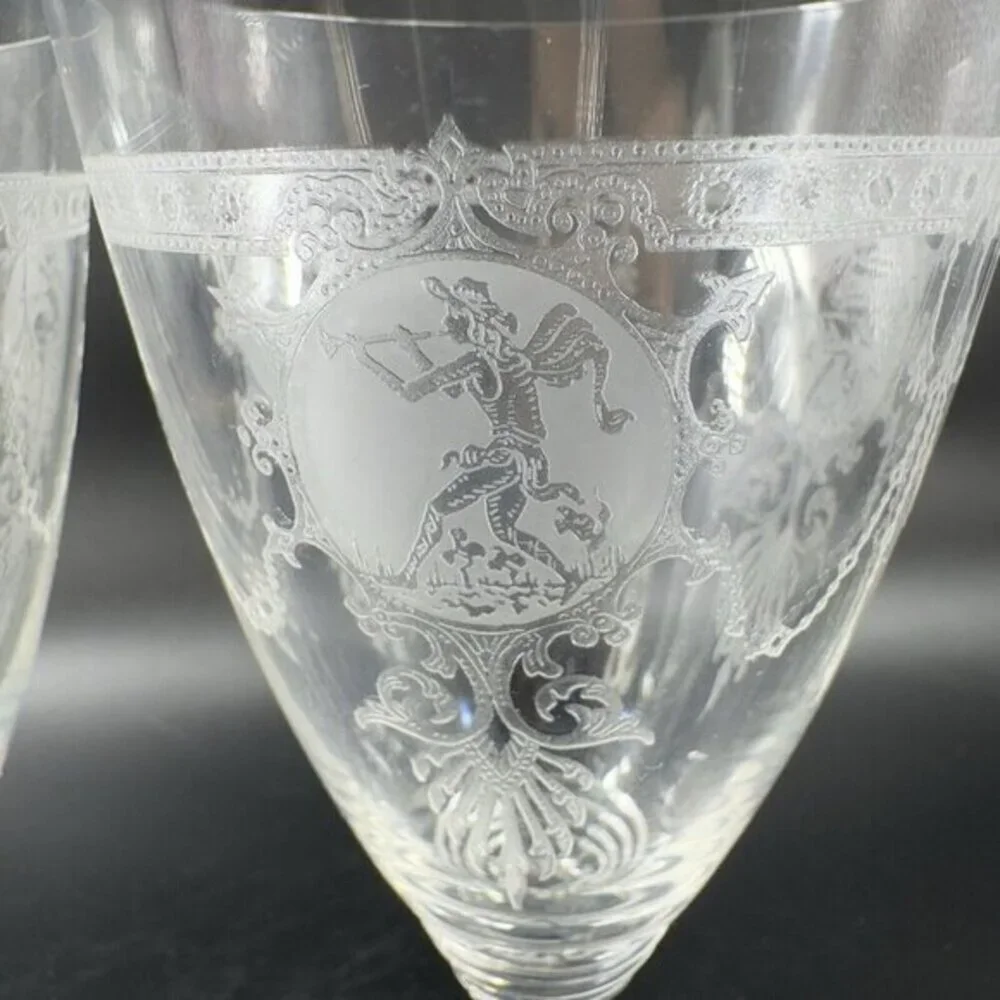 Heisey Pied Piper Etched Crystal Water Goblet Delicate Stemware Glasses Set‎ 2
